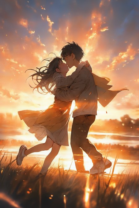 Facial focus, masterpiece, best quality, 1boy,1girl,  solo, sunset background, standing, complex light particles, depth of field, film composition, best lighting, tears, crying,, hugging, kissing,running