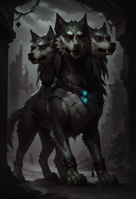 score_9, score_8_up, score_7_up, wlflnk, feral, cerberus, animal focus, scenery, concept art, realistic, dark theme, low light,
