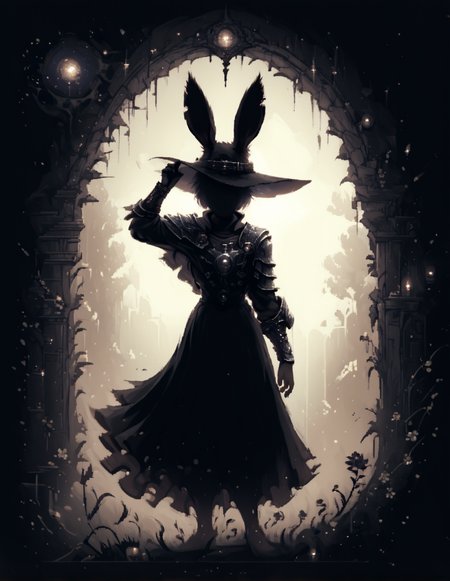 <lora:d3p1x3lXLP:1>, <lora:High_Spren-000006:1>, <lora:Ghostly_Style_SDXL:1>,  score_9, score_8_up, score_7_up, solo, d3p1x3l, pixel art, (scenery), [cowboy shot], high spren, (silhouette), ((close up)), ((dynamic pose:1.4)), [arm up], ais-ghostly 1girl with ((black rabbit ears:1.4)), wearing (huge gothic heavy armor), (slim figure), (wide brim witch hat) covers eyes, tranquil expression, (freckles), (very long:1.4) silver hair, (in dark woods), (transparent bicolored abstract background), black, violet, [high contrast], embedding:zPDXL2,  <lora:hand 4:1>, <lora:aesthetic:3.0>, zPDXL2, Hand, aesthetic,