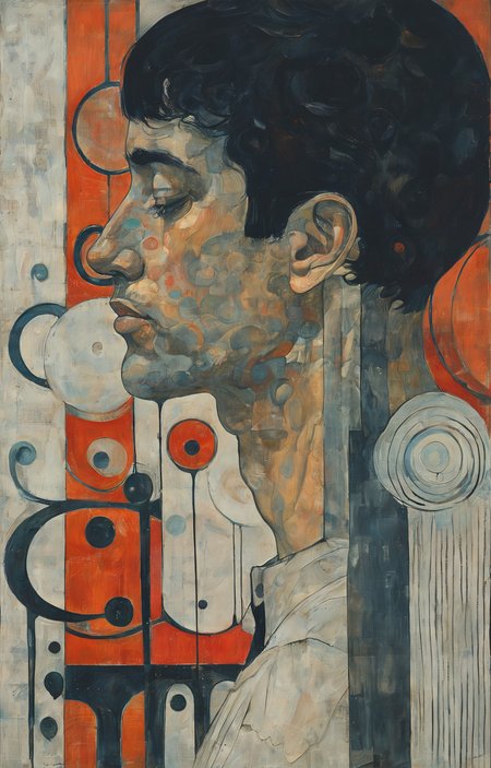 masterpiece,best quality,<lora:tbh269-sdxl:0.9>,illustration,style of Koloman Moser, portrait of noble man
