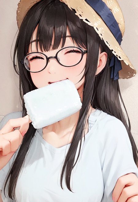 masterpiece, best quality, very aesthetic, absurdres,
garigarikun, 1girl, solo, glasses, straw hat, sundress, black hair, long hair, holding food, holding, happy, smile, food, eating, upper body, blurry background, 
 <lora:garigarikun_SDXL_V1:1>