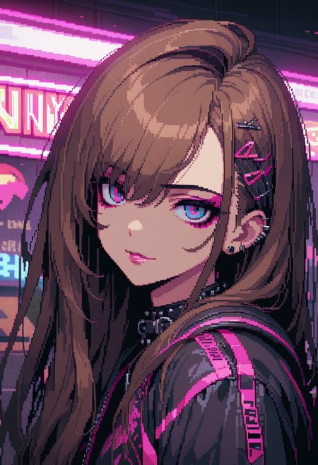 gorgeous lips, cinematic, (masterpiece), (best quality), (ultra-detailed), very aesthetic, illustration, perfect composition, intricate details, absurdres, detailed face, (anime, masterpiece, intricate:1.3), (best quality, hires textures, high detail:1.2), (4k),(incredibly detailed:1.4) 
masterpiece, best quality, ultra-detailed, 8K, highres, (game pixel), (pixel art), (pixelart), (focus character), cartoon, (lofi style), (cyberpunk style), pink line drawing, (1girl), (punk hair style), asymmetry hair, light-smile, long hair, wind, brown hair, inner hair color, punk style, punk fashion, (indoor), purple and black background, bar, neon, neon signage, <lora:more_details:#>, NEON COLOR, LOFI COLOR, <lora:80'sFusion:0.2>, pixel art, cutesycotton