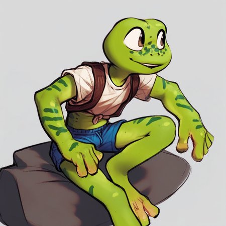 Frogger, anthro, frog, green skin, freckles, white shirt, blue shorts, sitting, score_9, score_8_up