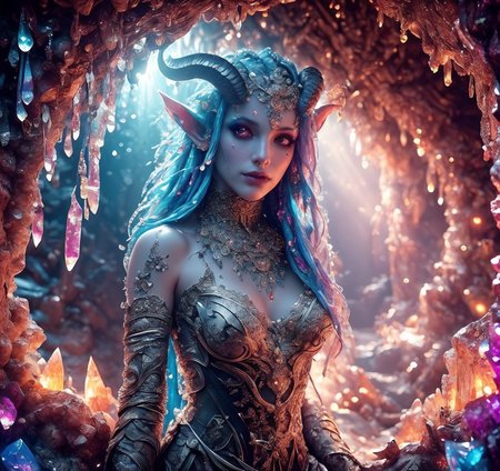 RAW photo, (masterpiece:1.3), subsurface scattering, heavy shadow, (high quality:1.4), (intricate, high detail:1.2), professional photography, HDR, High Dynamic Range, realistic, ultra realistic, photorealistic, high resolution, film photography, ambient lighting, atmospheric effects, <lora:detail_slider_v4:2>, OverallDetail, <lora:CrystalCaves:0.7>, cave, cryca, colorful crystals, gems, beams of light, water dripping from walls, a tiefling rogue, intricate dress, <lora:Tiefling:0.8>, epiCPhoto