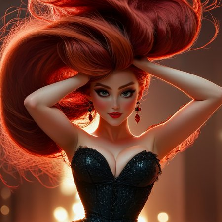 3D Fairytales, The image shows a woman with long red hair wearing a black dress standing in front of a blurred background. Her face is clearly visible with her eyes looking directly at the viewer., 1girl, solo, red hair, jewelry, dress, long hair, earrings, makeup, breasts, floating hair  <lora:3D_FairytalesSDXL:1>