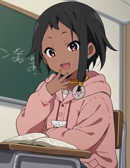 score_9, score_8_up, score_7_up, source_anime, <lora:choi-mochimazzi-s1-ponyxl-lora-nochekaiser:1>, choi mochimazzi, short hair, black hair, dark skin, dark-skinned female, pink eyes, sidelocks, jewelry, hoodie, pink hoodie, skirt,, classroom, chalkboard, daytime, studying, sitting, chair, desk, smile, <lora:ojou-sama-pose-ponyxl-lora-nochekaiser:1>, ojou-sama pose, laughing, smug, hand to own mouth, open mouth,, looking at viewer, solo,, dutch angle, cowboy shot