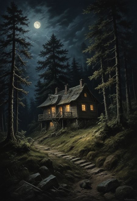 A small old house in the middle of the forest, top moonlight, at night, Dark background, chiaroscuro, high contrast, a hyperrealistic painting by Aleksy Briclot, Jeff Simpson, Rembrandt