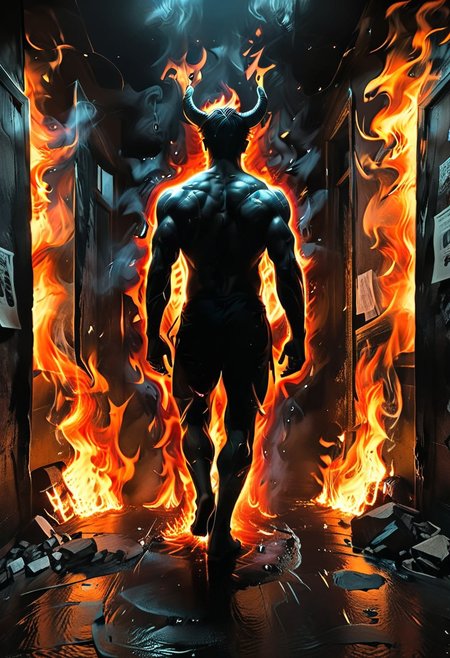 <lora:flame silhouette:1>,  <lora:flame:1>, flame,
fullbody, full body, back view, <lora:Super perspective and fight stance:0.8>, ((super low perspective)), low perspective, ((fisheye)), dark atmosphere, dark shadow, deep shadow, shadow,  Super perspective,fisheye, wide shot, foreshorten, lighting stance, (fire around), ((fiery footprints)),
Man with demon horns in black shorts walking away from the long dark office corridor, Adult, Mesomorph Muscular body, short Muscular neck, Rectangle faces, broad Muscular shoulders, Muscular fitness arms,  black short combed back hair,  Angular jawline,  Designer Stubble black whiskers, triangular black hair beard, Muscular fitness ass,  Athletic thighs, Muscular fitness legs,  big muscles,  dark black skin,
((burning walls)), ((fire on the walls)),
<lora:Camera Perspectives (507):1>,  from below, foreshortening, perspective,
graphic style of novel comics, perfect hands, 2d,
8k, hyperrealism, masterpiece, high resolution, best quality, ultra-detailed, super realistic, Hyperrealistic art, high-quality, ultra high res, highest detailed, lot of details, Extremely high-resolution details, incredibly lifelike, colourful, soft cinematic light,