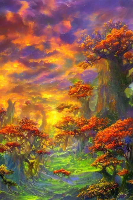 impressionism oil painting, 
fantasy forest,
an expansive ancient forest, featuring towering oaks, diverse wildlife, a variety of flora, and a feeling of grandeur,
glowwave,
dawn,
thunderstorm, and many small clouds, and slightly cloudy,