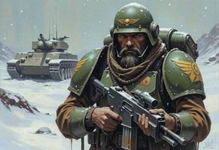 The image is a digital painting depicting a rugged, bearded man in a warhammer 40k military uniform. He is wearing a green helmet adorned with a golden emblem featuring a skull and wings, suggesting a connection to a specific military unit or faction. The helmet has a visor, which is slightly raised, revealing his intense expression. Snowflakes are visible in the air, indicating a cold, wintry environment. 
The man's armor  is predominantly green and scratched , suggesting he is experienced warrior. He carries a large, black rifle slung over his shoulder, with the butt resting on the ground, and the barrel pointing towards the left side of the image. His face is covered with a thick beard, and his eyes are focused intently forward, conveying a sense of determination and vigilance.
The background features a battle tank with large, snow-capped base in the distance. The snow is falling heavily, creating a sense of urgency and isolation. The colors in the painting are muted and cold, with shades of green, grey, and white dominating. The overall mood is one of tension and resilience in a hostile environment. colorful, vibrant colors,color contrast,light particles, high saturation,deep rich colors,vivid colors,shimmer,dramatic,centered,depth of field,directional lighting,godrays,(close-up),warhammer 40k universe, ultra detailed,