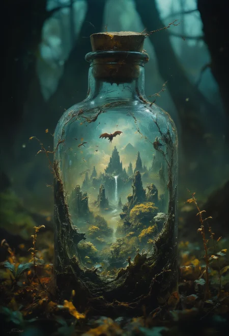 A close-up of an old and big mystical glass bottle with cracks half-buried in leaves on the forest floor, its cork sealed with wax. Through the dirty glass, a vibrant, hidden world of floating islands, cascading waterfalls, and tiny, flying dragons is visible, surrounded by an aura of glowing light. (fantasy style, epic)
<lora:artilands:0.6>,  <lora:Dark_Landscapes:0.7>, <lora: - Flux1 - soothing_atmo_V1.0:0.7>