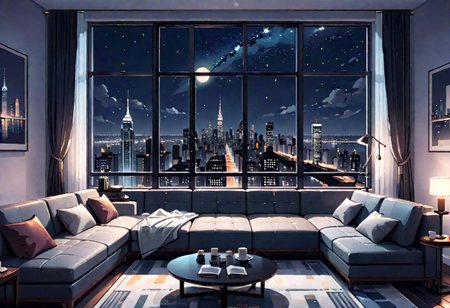 ((front view)), Shallow scene, (((animation style))), (night), modern-style interior, with white walls, (large windows), a  study, Sofa, coffee table, bookcase, single wall, ((dark room)), quiet and mysterious night sky,  city night view, (City high-rise building scenery), (City scenery outside the window), starry sky, moonlight,