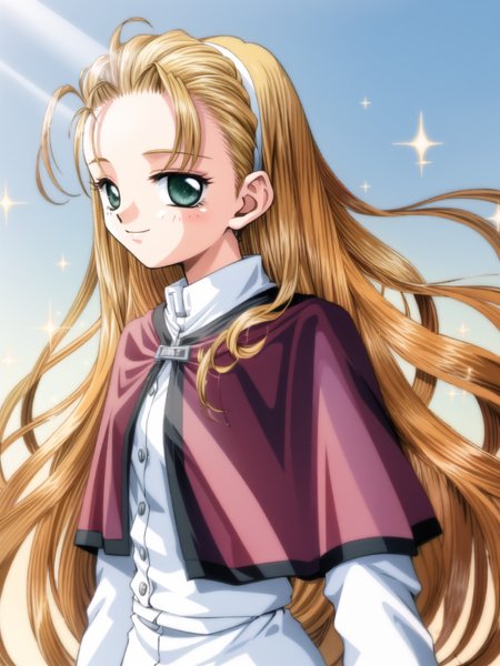 kanuma youko, 1girl, solo, long hair, looking at viewer, smile, blonde hair, green eyes, upper body, hairband, outdoors, sky, day, cloud, blue sky, gradient, gradient background, sparkle, capelet, blue background, sunlight, forehead, lens flare, light rays, white hairband, sun, over shoulder, sunbeam, hair pulled back, bokeh

<lora:moon-v2:1>

cowboy shot, dynamic pose,