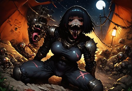 safe_pos, score_9, score_8_up, score_7_up, score_6_up, source_cartoon, rating_explicit ,
g0thicPXL, 1girl, vaultmeat shad,  pose, black hair, short hair, bob cut,  bangs, black eyeshadow,  fallout, large breasts, abs, toned, sweating,  freckles,  wasteland, city ruins, tent, camping, moon, stars, night, lantern,     chinese stealth suit, skin tight, covered breasts,  armor,  bodysuit, science fiction, (fully clothed, full armor:1.2), stealth, stealth suit, teeth, tongue, open mouth, horror, blood, (((stiches, scars))), black tongue, very long tongue, black tears, full body,