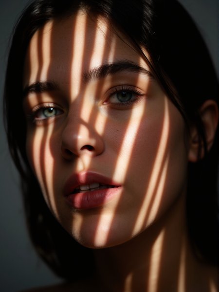 A photo of a (face bathed in patterned light:1.3), (speckled shadows:1.2), (captivating gaze:1.1), (contrast of light and texture:1.2), artistic interplay, (sharp luminous streaks:1.1), (detailed iris:1.1), Sony α7R IV, 1/320s, f/2.8, ISO 400, (enigmatic expression:1.2), (highlighted facial contours:1.1), (intimate portraiture:1.2), RAW file format, (visual rhythm:1.1), (intrinsic contrast:1.2).
