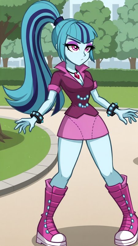 <lora:Sonata_Dusk_Equestria_Girls_Rainbow_Rocks_illustrious:0.9>,sonata dusk,turquoise hair,pink eyes,long hair,high ponytail,blunt bangs,eyeshadow,colored skin,blue skin,collared shirt,popped collar,buttons /(shirt/),short sleeves,red necklace,pink skirt,short skirt,spiky bracelets,pink boots,footwear,medium breasts,cleavage,
park,outdoors,