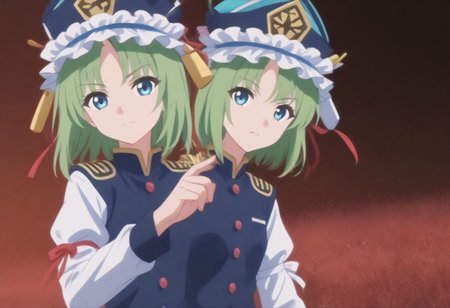 1girl, solo, solo focus, highres, absurdres, shikieiki, green hair, frilled hat, blue eyes, blue headwear, short hair,
long sleeves, black skirt, white shirt, blue vest, red ribbon, epaulettes, small breasts, arm ribbon, buttons, 
looking at viewer, head tilt, from side, bare hands, hand up,
spider lily, flower field, night sky, red sky, dark, red theme,
