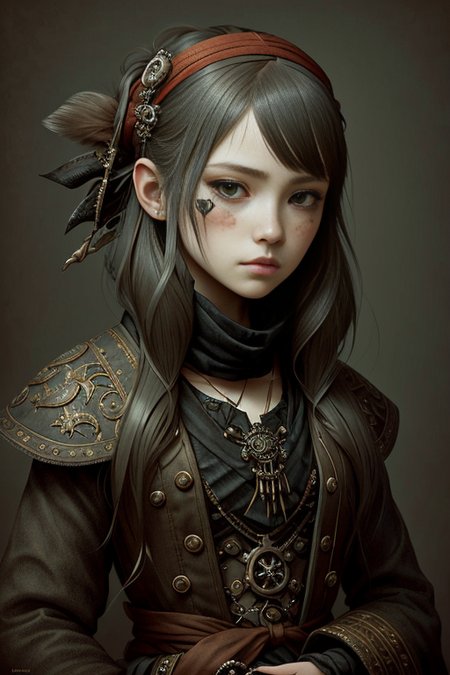 intricate portrait of a petite girl, rough, rugged, sad expression, traditional worn pirate attire, bandana, long coat :: Naoto Hattori, Anna Dittmann, Tom Bagshaw :: symmetriy, polished, complex, highly detailed digital painting, perfect composition