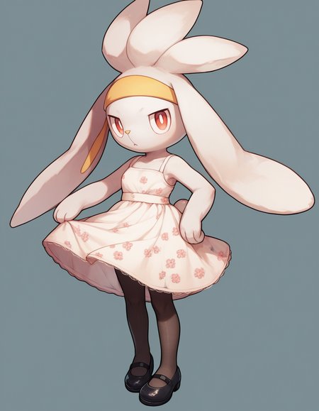 score_9, score_8_up, score_7_up, score_6_up, score_5_up, score_4_up, 1girl, full body, solo,
 <lora:Raboot_v0-3:1> raboot, pokemon \(creature\), white fur, droopy ears, rabbit ears, rabbit tail, red eyes, looking at viewer, furry female, yellow hairband,
floral-sundress, mary-janes, lace-pantyhose