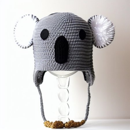 gray animal hat, animal beanie, koala hat, koala beanie, fur ears, fur pompoms