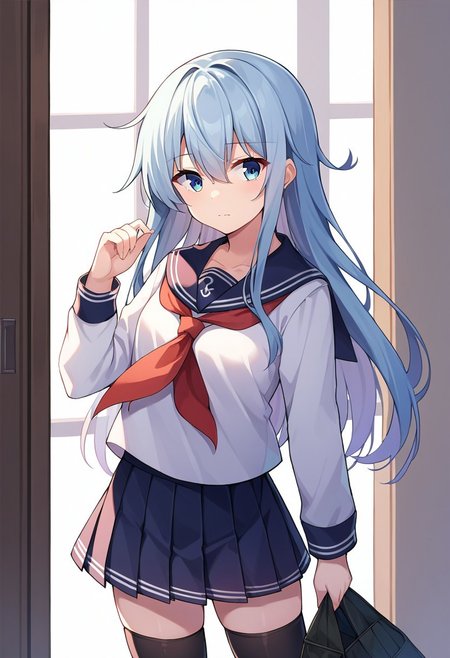 score_9, score_8, score_7, source_anime, hibiki (kancolle), sailor collar, pleated skirt, black thighhighs, red neckerchief, serafuku, collarbone, closed mouth, standing