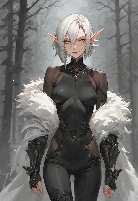 score_9, score_8_up, score_7_up, high detailed, high quality, source_anime, concept art, Expressiveh, easynegative, watercolor \(medium\), traditional media, kdmstyle,
...
1girl, solo, mature, curvy body, small breast, blood_elf, 
pointed ears, multiple piercings, pale skin, gold eyes,
white hair, short hair, hair between eyes, Arlecchino hair style,
beauty face, smile,
...
black bodysuit, long sleeves, black pants, gauntlets, fingerless gloves, white feather boa,
walking, touching tree,
...
cowboy shot, looking at viewer,
forest, trees, fog,