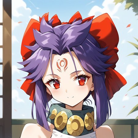 score_9, score_8_up, score_7_up, source_anime, rating_explicit, BREAK  <lora:kakurine_Ver2.1_XL:1> kakurine,  forehead mark, red eyes, purple hair, long hair, sidelocks, hair bow, red bow, collar, 
headshot.
tatami, Japanese room,