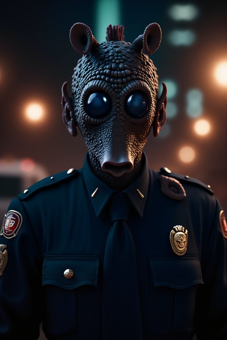 A hyper-realistic portrait, photorealistic photo close-up image of  A full body shot of Rodian security officer on the street (photography, high-resolution, dynamic, energetic,hyper-realistic, dramatic lighting, shallow depth of field.), detailmaximizer, MythP0rt<lora:detailed_flux_ntc:2.2><lora:aidmaImageUpgrader-FLUX-V0.1:0.65><lora:RODIAN_1:1.1>