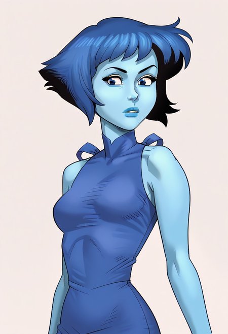 score_7,  score_6_up,1girl,lapizlasuliSDXL,solo,short hair,dress,blue hair,navy blue eyes,sleeveless,blue dress,colored skin,blue skin,
detailed face, (upper body:1.1), thin, beach