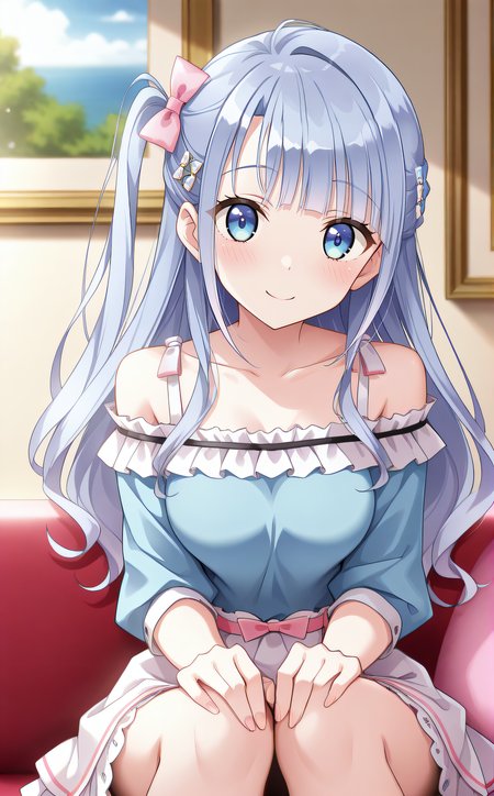 masterpiece, best quality, highres, newest, scenary, 1girl, solo, official style, <lora:Ougi_Ichika:1>, ichika, long hair, one side up, pink_hair_bow, hair ornaments, blue shirt, off shoulders, white skirt, frills, rolled-up sleeves, looking at viewer, smile, indoor, sitting on couch, cowboy shot, hands on knees