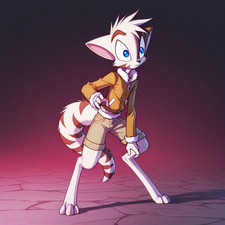 Mace, Dreamkeepers, 1boy, solo, anthropomorphic, feline-like, spiky hair, tail,solo, blue eyes, white fur, Digitigrade,young,
jacket, shorts,

