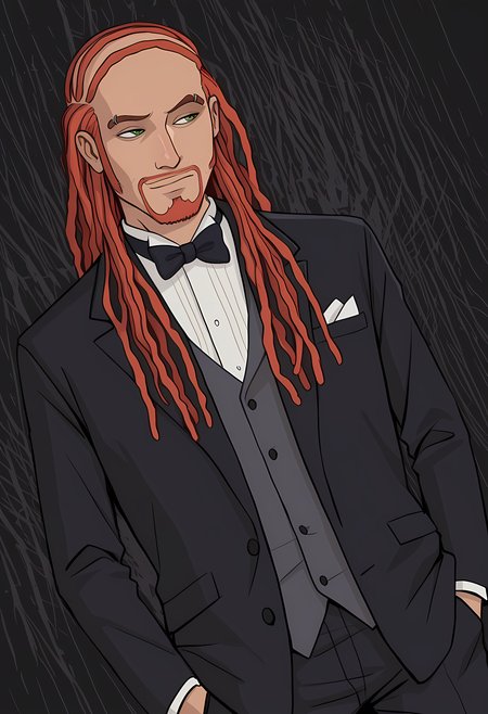masterpiece, best quality, amazing quality, dutch angle, abstract background, BREAK
1boy, solo, male focus, picklesthedrummer, red hair, long hair, dreadlocks, combover, green eyes, facial hair, formal, tuxedo, bow tie, BREAK
<lora:cfg_scale_boost:.6>  <lora:Pickles_-_Metalocalypse_-_ILXL:1>