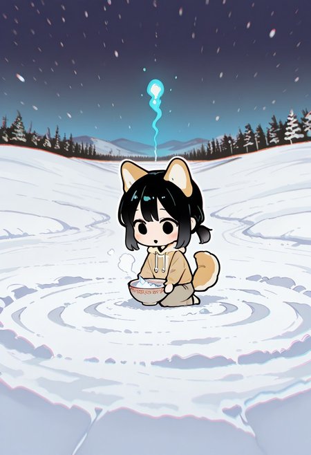 masterpiece,best quality,amazing quality,  1 woman 25yo, in a snow field, black hair, shiba ears, shiba tail (flat cute color 0.9), chibi style, near a bowl, quizzical look
white outline glow, chromatic aberration, high res image, high res image