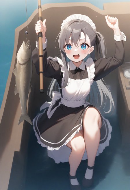 1girl,sincos, ningen mame, toosaka asagi,solo,medium breasts,20yo,maid,maid headdress,
fishing, fishing rod, fish, boat, holding fishing rod, holding fish, ocean, day, arm up, water drop, fishing line, <lora:fishing_XL_v1:0.8>
from behind, full body, looking up, gray hair, aqua eyes,grin,  open mouth, disheveled hair,,
best quality, very aesthetic, absurdres
