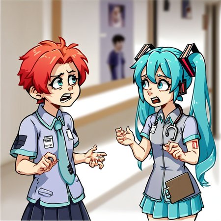 score_8, score_8_up, score_7_up,  lo_su_tr, female focus, BREAK 1girl, Hatsune Miku, aqua hair, twintails, aqua eyes, necktie, collared shirt, sleeveless, detached sleeves, tattoo, skirt, pleated skirt, thigh boots, looking at another, open mouth, hands up, BREAK 1girl, kasane teto, red hair, drill hair, medical scrubs, short sleeves, stethoscope around neck, stethoscope, name tag, standing, open mouth, looking at another, holding clipboard, hand up BREAK indoors, hospital, corner, blurry background, photo background