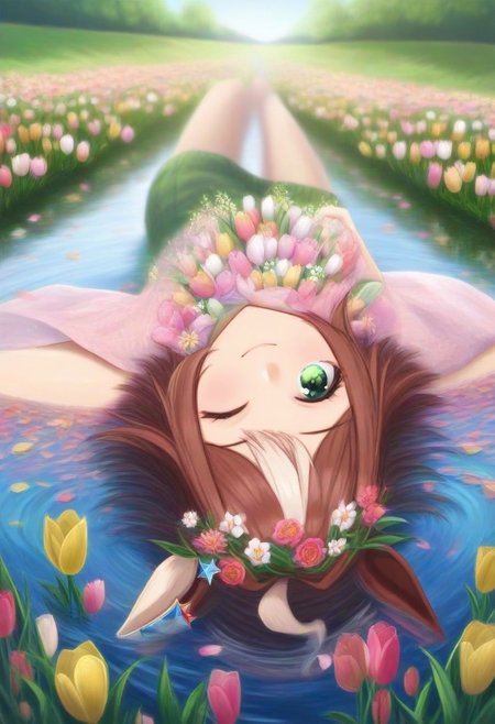 (umamusume, rhein_kraft_(umamusume), horse_ears, horse_girl, tail, 1girl, ahoge, animal_ears,)
casual, Tulip,Tulip flower, Tulip flower_field, 
head_wreath, looking_at_viewer,  solo, aesthetic, absurdres, symmetric , , g0ldsw0rthy,
(realistic, photo,  artistic, medium_hair, one_eye_closed, petals, relaxing, smile, spiralling vortex made of multicoloured tulips, lush foliage sunrise,  ripples, reflective, jaynl-tm, rainbow,green_eyes, hair_between_eyes, hair_ornament,  : 0.7)