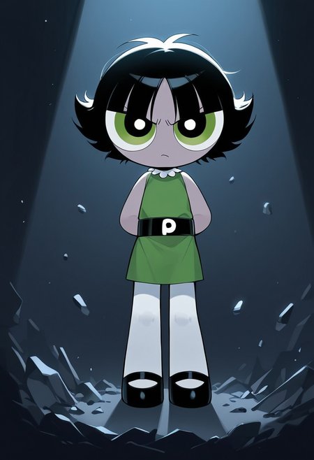 <lora:Powerpuff_Girls-000037:0.8>, 
buttercup \(ppg\), chibi,
black hair, short hair, green eyes, 
expressive eyes,
cold color, volumetric lighting,
BREAk, 
green dress, black belt, 
white pantyhose, black shoes,
dark room, 
looking at viewer,
full body, 
1girl,solo,
Annoyed,