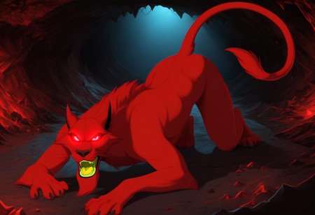 score_9, score_8_up, score_7_up, solo, 1boy, expressiveh, (RedADGTH, cat, demon, furry, anthro, red body, red fur, green teeth, yellow tongue, whiskers,  transformation, red eyes, glowing eyes, no pupils), angry, tail, cave, red background, looking at viewer, open mouth, (all fours), cave, indoors, gray background, detailed background, 4k, masterpiece, best quality, highly detailed, realistic