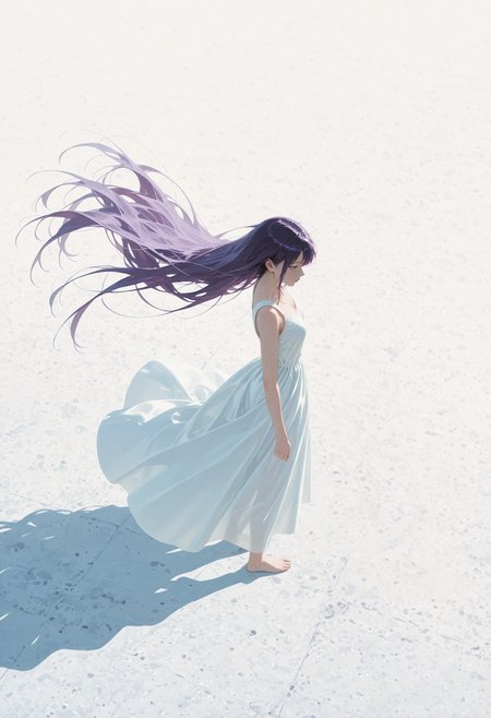 masterpiece,best quality,amazing quality,very aesthetic,absurdres, newest, realistic, 1girl, wide shot, from above, standing, barefoot, white dress, white background, simple background, white floor, fog, long shadow, from side, looking at own shadow, very long hair, purple hair,  sleeveless dress, long dress, floating dress, floating hair, shadow, shadow focus,