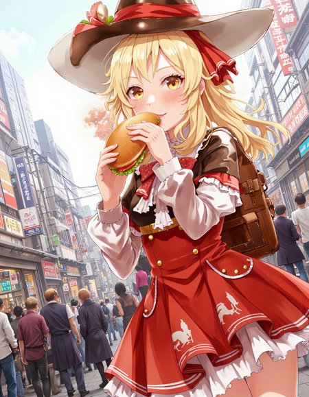 <lora:dmd2_sdxl_4step_lora_fp16:1> 
1girl, klee \(genshin impact\), official costume, eating burger, cowboy shot, dutch angle, 
outdoors, tokyo \(city\), crowd, audience, general,, small tits
