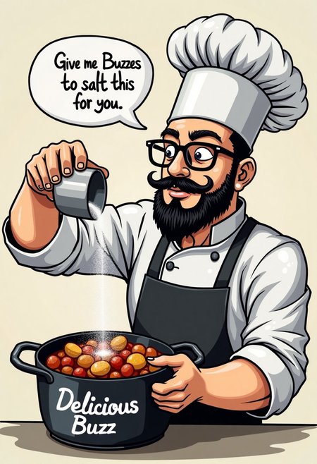 Depicted in a drawing style, a chef with a handsome black beard and mustache, wearing black glasses, is salting, with his elbow strongly forward so that salt falls on him, a dish in a pot that reads “Delicious Buzz”. On the side of his head is a speach bubble that reads “Give me Buzzes to salt this for you.”