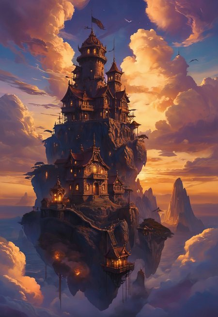 skies of arcadia,best quality, masterpiece, extremely detailed,  professional  art,  professional painting, intricate detail, dynamic composition,  back lighting, perfect shading, professional shading, bokeh, cool fill light, formidable, impenetrable, highly detailed,   far shot, giant floating island in the sky, onyx black castle, a peasant town surrounds it, lots of different dwellings, steampunk fantasy, sunset, purple clouds, lava falls, floating, cityscape, island, forboding