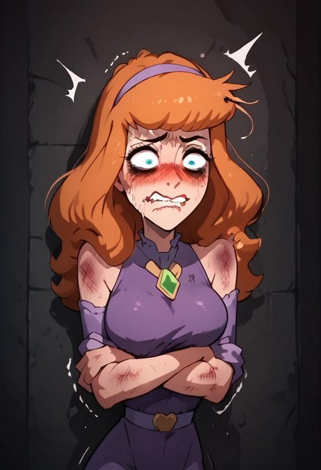 score_9, score_8_up, score_7_up, score_6_up, score_5_up,daphne, daphne blake,1girl, jungle,((((((offended))))))), ((((((extremely offended))))))), ,blue eyes, orange long hair, torn clothes,((purple dress)),((((((humiliated)))))), (((((beaten))))),(((((blushing)))),(((((extremely beaten))))), ((((((((bags under eyes)))))))), ((((((clenched teeth)))),((((((embarrassed)))))), messed hair, messy hair, destroyed face, destroyed body, awful skin face,  long hair, makeup, lipstick, young, ((((skinny))))),(((busty petite)))) narrow waist, fragile, sexy, perfect body,dynamic pose, posing,  ((((((shaggy hair)))))), (((((bags under eyes))))),tired, tired af, extremely tired, tired eyes, huge amount of tireness, absolutely tired, ((((wants to die)))), almost die, eternally tired, pain, feeling pain, feeling strong pain, powerless, extremely tired eyes, bags under eyes, shiners, stupid, dumb, extremely stupid, extremely dumb, no brain, (((eye twitching))), nervous eye twitching, extremely hard eye twitching, totally burnt hair, sexy, horny, scared, in love, extremely dirty dress, hardly beaten fifty times, confused, deeply humiliated face, depressed face