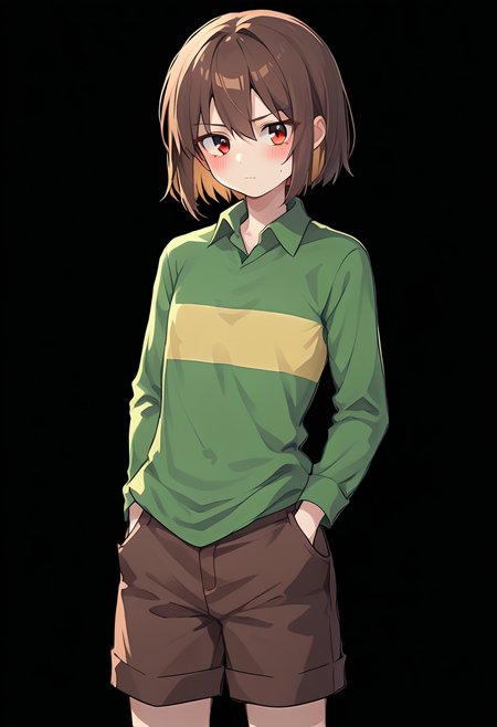 score_9, score_8_up, score_7_up, source_anime , <lora:Chara pony:0.8>, chara, 1girl, shorts, shirt, brown hair, solo, striped, collared shirt, simple background, brown shorts, long sleeves, cowboy shot, green shirt, striped shirt, red eyes, flat chest, (dark room:0.5), black walls, blushes, light highlights
