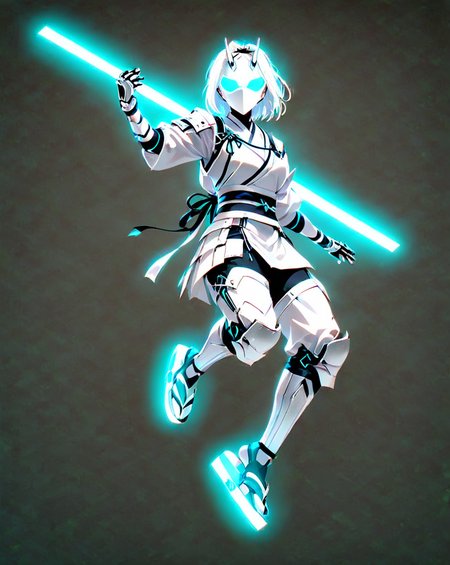 3d, cg, photorealistic smooth animation style, smooth anime, masterpiece, best quality, a ninja assassin, backlight, covered in white tight fitting cybernetic bio-mechanical armor with blue accents, jump, jump kick, carrying blue glowing tonfa, ((wearing white full mask, mask completely covers full face, light blue glowing eyes, wearing full white armored gloves, white armored traditional ninja Jika-tabi)), facing viewer, quasarcake, ishikei, colorful neon abstract background, bold lines, intricate details, hyper detailed, very detailed, high resolution, sharp, sharp image, 4k, 8k, masterpiece, best quality, trending on artstation, dark, moody, 
 <lora:CyberLight:0.5> CyberLight, <lora:M05_Intensify:0.5>, <lora:Midjourney Image Enhancer XL v1:0.2> <lora:3D:0.6>,  <lora:drunken-fist03:0.8> fight stance,  <lora:3D_Modeling_2:0.3> ,<lora:MG_ip:0.5> MG_ip,  <lora:- SDXL - vanta-black_contrast_V3.0:0.5>, <lora:xl-shanbailing-1213Glitch_effect:0.7> bailing_glitch_effect