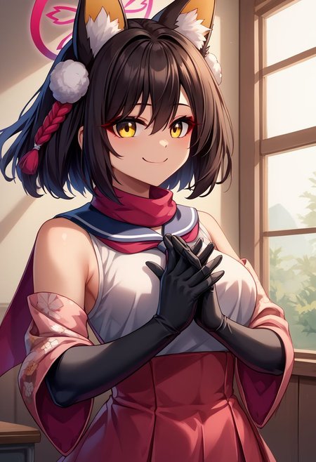 score_9, score_8_up, score_7_up, BREAK source_anime,
masterpiece,8k,uncensored,(highres:1.3),high resolution, unity 8k wallpaper, detailed face, detailed CG, (perfect hands:1.5, perfect anatomy),
(high quality, best quality)
 (curvy:1.45)(shiny skin:1.2) (oily skin:1.2)
izuna kuda, yellow eyes, black hair, animal ears, animal ear fluff, medium hair, fox ears, halo,
Happy, smirk,
by hiroyama_hirosh,
Bodysuit, black bodysuit,
Dynamic pose, dynamic light,
School room,
Hand on chest,(own hands clasped:1.5),