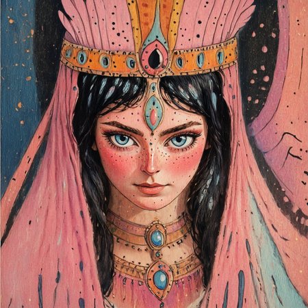 <lora:Pastel_ReverieSDXL:1> ArsMJStyle, Pastel Reverie, The image shows a painting of a woman wearing a pink headdress with a human face in the center., 1girl, solo, freckles, traditional media, black hair, looking at viewer, portrait, blush, painting (medium), blue eyes