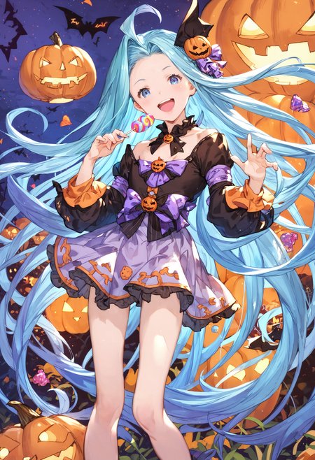 score_9, score_8_up, score_7_up,score_6_up, source_anime, best quality, aesthetic, absurdres, realistic, 
halloween, halloween costume, happy halloween, official alternate costume, hair ornament, lollipop candy,
1girl, solo, smile, upper teeth only, (clear eyes:1.1), looking at viewer,
Lyria (Granblue Fantasy), very long hair, blue hair, (body_slim:1.1), small breasts, bare legs, 
<lora:Lyria-Pony:0.8>  <lora:IshikePony:0.2>