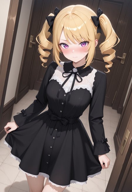 highres, best quality, masterpiece, indoor, manor, 
1girl, KRAisha, 1girl, solo, drill hair, blonde hair, twin drills, black dress, bow, ribbon, long sleeves, neck ribbon,  dynamic angle, masterpiece, best quality, amazing quality, very aesthetic, absurdres, newest, blush, standing, dynamic pose, looking at viewer, blush, close up
