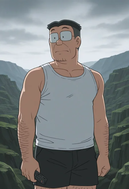 1boy, upper body, looking into distance, contemplative expression, standing, facing viewer, looking to the side, (male focus:2.4),
BREAK
senseiofnobita, mature male, glasses, black hair, black eyes, dot pupils, thick eyebrows, plump, middle-aged man,
BREAK
white tank top, black shorts, casual wear, simple clothing,
BREAK
[thick thighs, thick arms, large pectorals, arm hair, leg hair, muscular male],
BREAK
iceland landscape, volcanic terrain, moss-covered lava fields, distant mountains, overcast sky, dramatic clouds, cold atmosphere, rugged terrain, black volcanic rock, green moss patches, vast open landscape, nordic wilderness, remote location, windswept plains,
BREAK
outdoor setting, natural lighting, soft diffused light, misty atmosphere, distant horizon, sense of solitude, peaceful moment, contemplation,
BREAK
retro artstyle, <lora:Sensei_from_late_Doraemon_oyama_edition_v1.0_1612213:1> traditional media style, soft colors, muted palette,
BREAK
bara, best quality, masterpiece, very aesthetic, absurdres, highest detailed, very awa, detailed background,